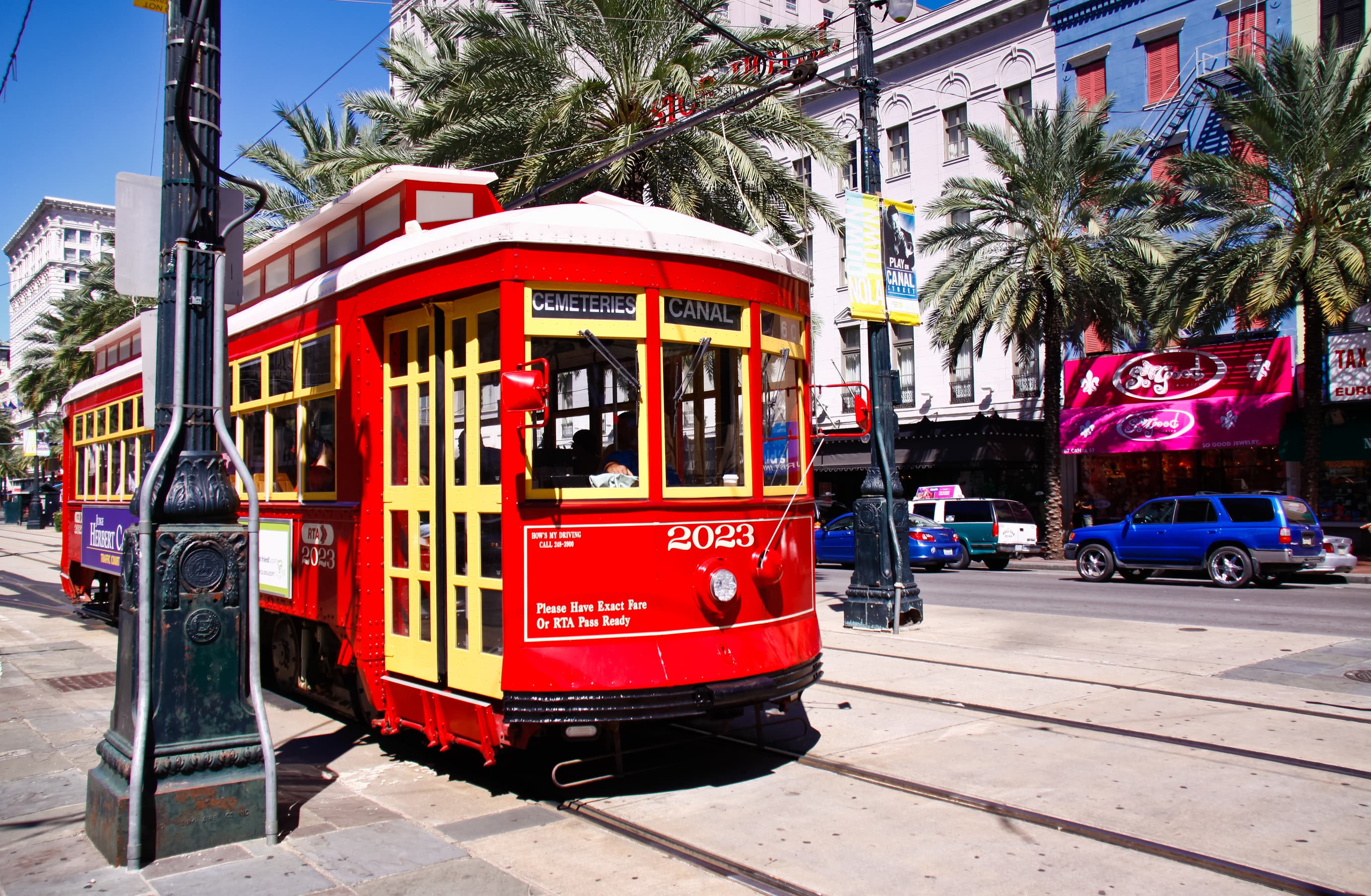 A red streetcar in New Orleans