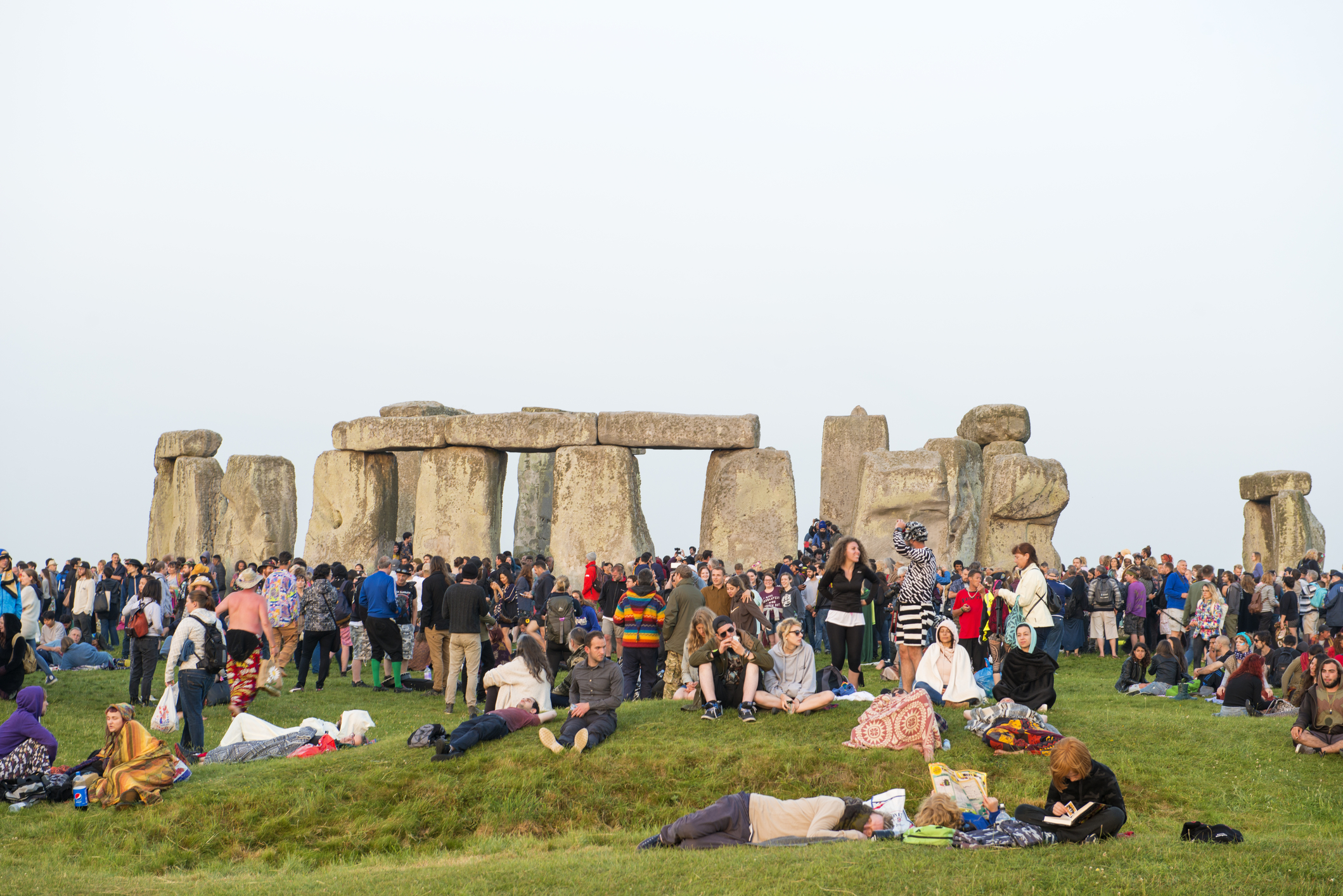 A view of the standing stones at Stonehenge with summer solstice celebration
