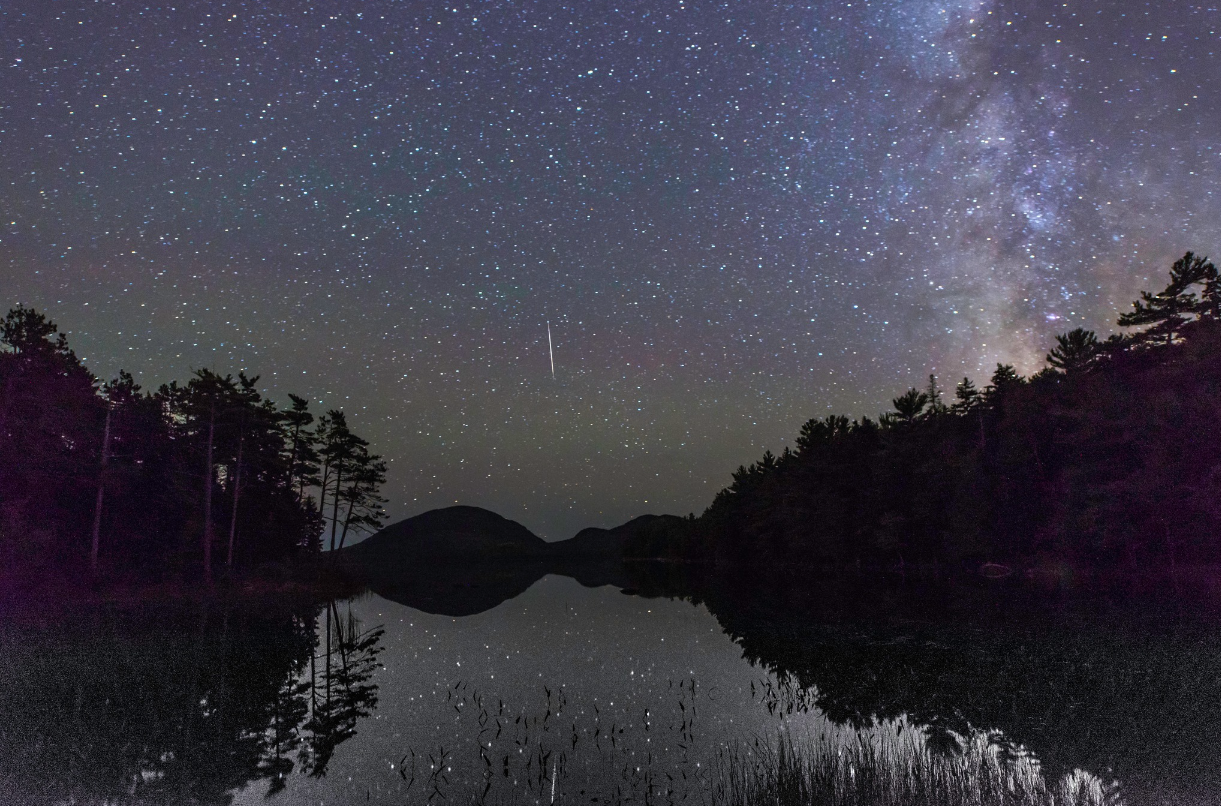 A view of the night sky over Jordon Pond at Acadia National Park