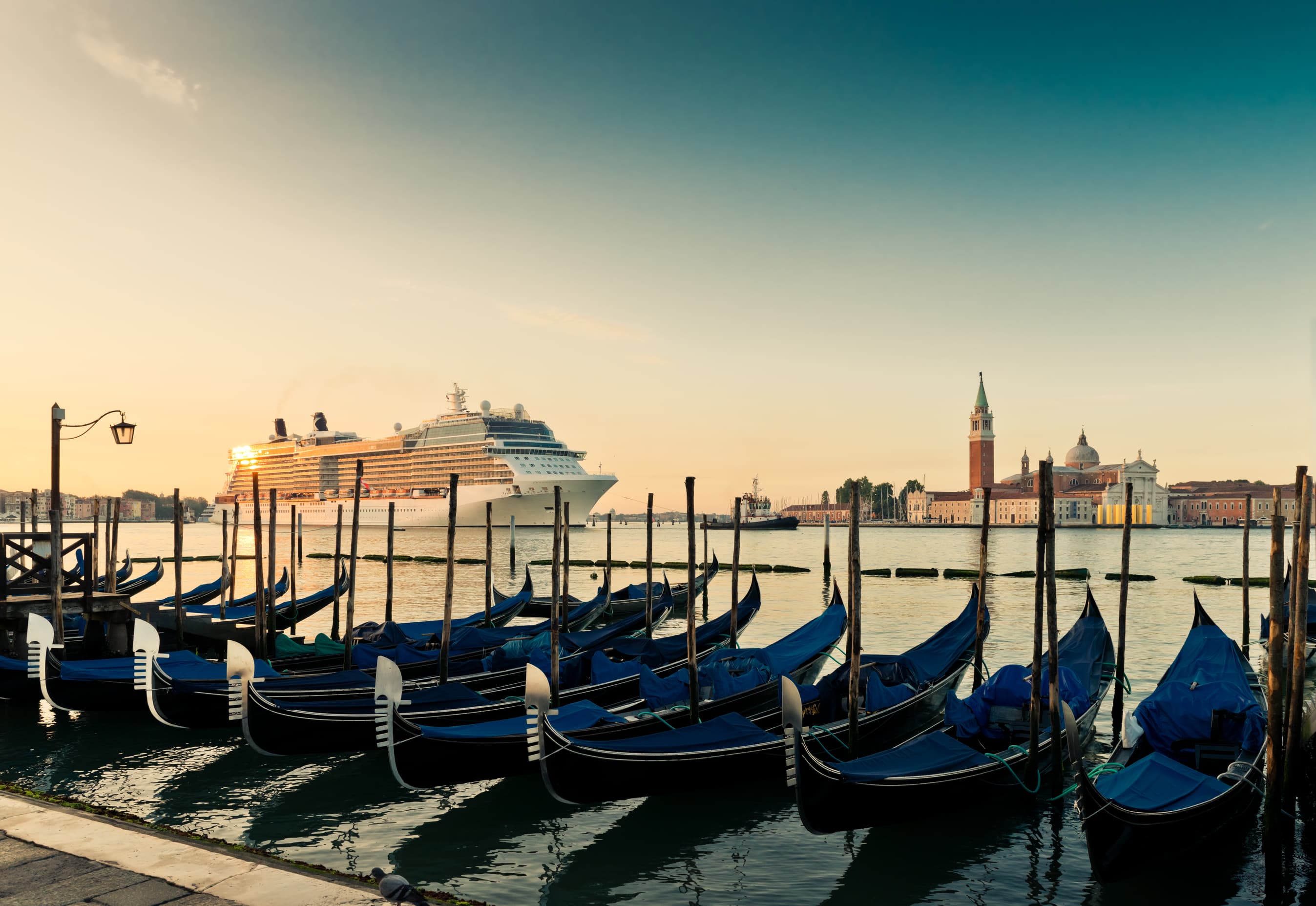 Sunset Gondolas and Cruise ship Venice, Italy