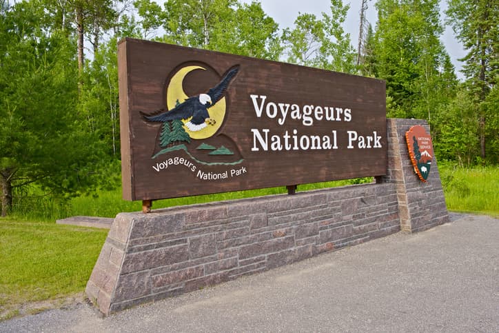 Voyageurs National Park Entrance Wood Sign. Voyageurs National Park in Northern Minnesota State, USA. US National Parks Photo Collection