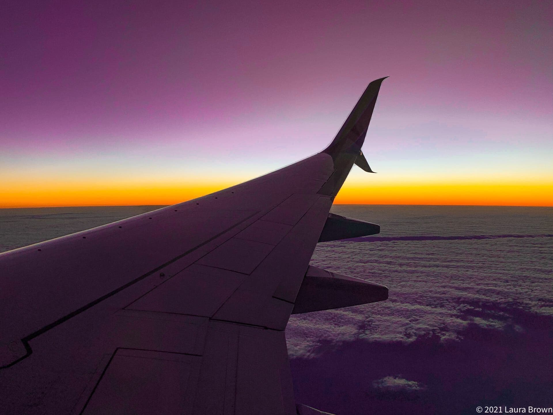 Plane flies at sunset