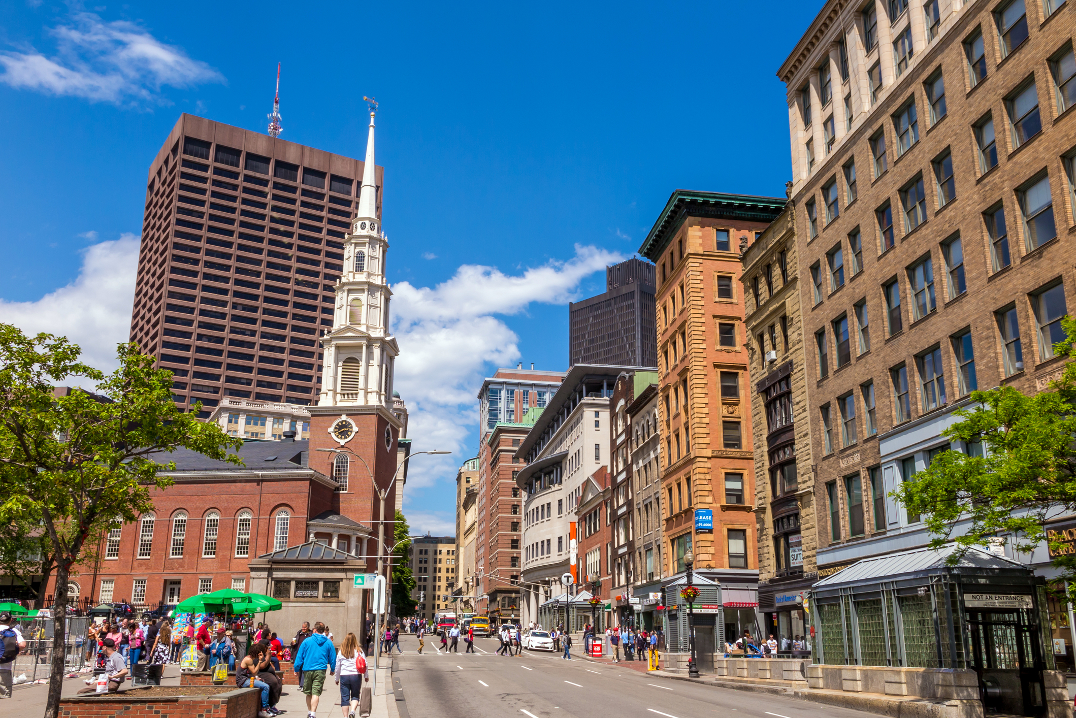A view of Boston's Freedom Trail with historic buildings and church