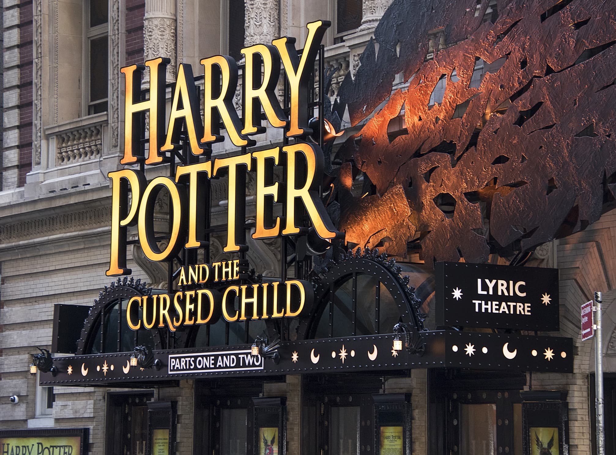A view of the Broadway theater marquee for Harry Potter and the Cursed Child