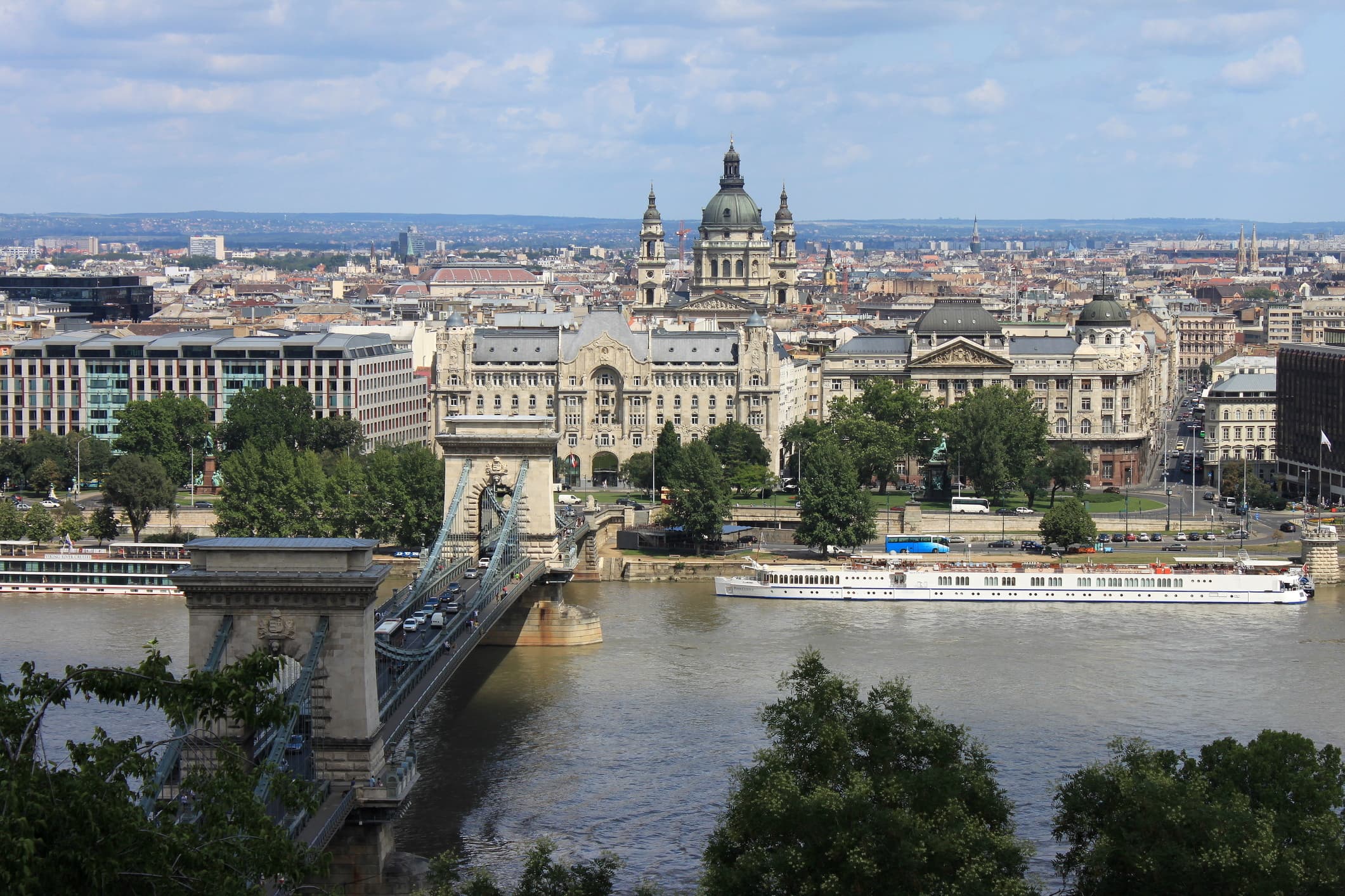 View of the river, chain bridge, and skyline of Budapest, Hungary.