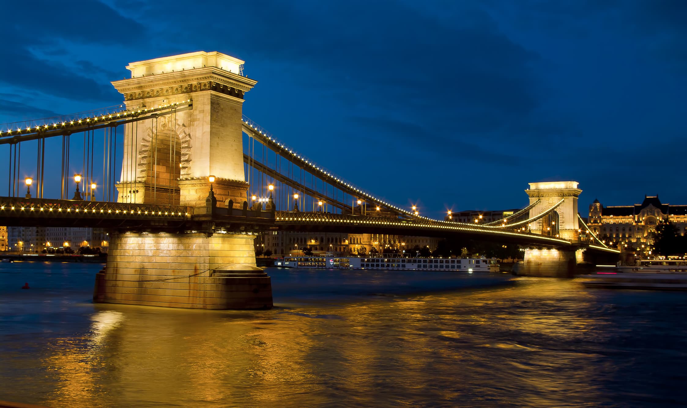 View of the Danube River at night in Budapest with the iconic chain bridge.