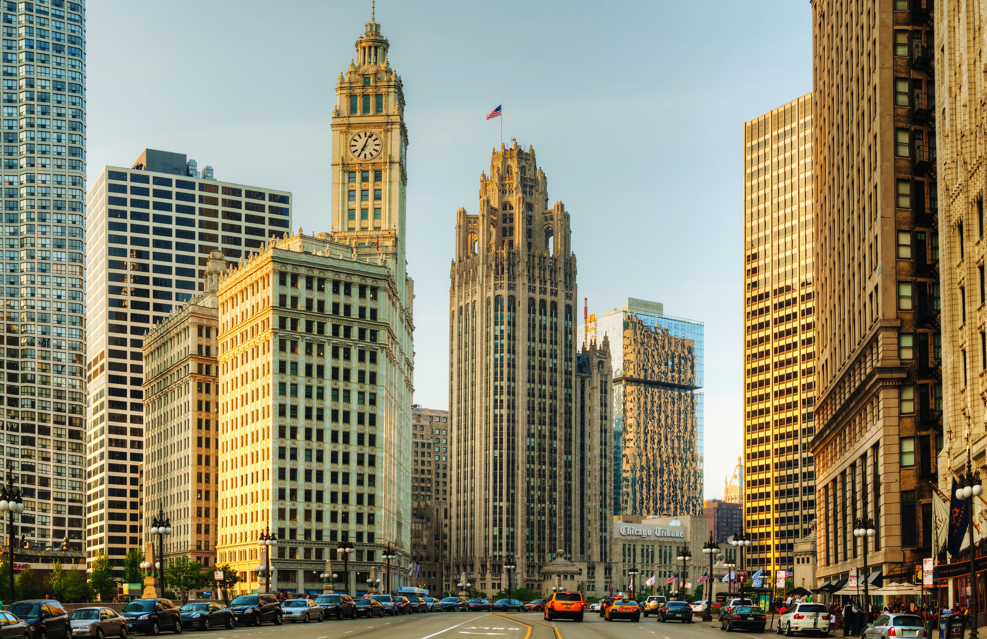 downtown, Chicago, Illinois, Wrigley Building, skyscraper, Michigan Avenue, Tribune Tower, Magnificent Mile
