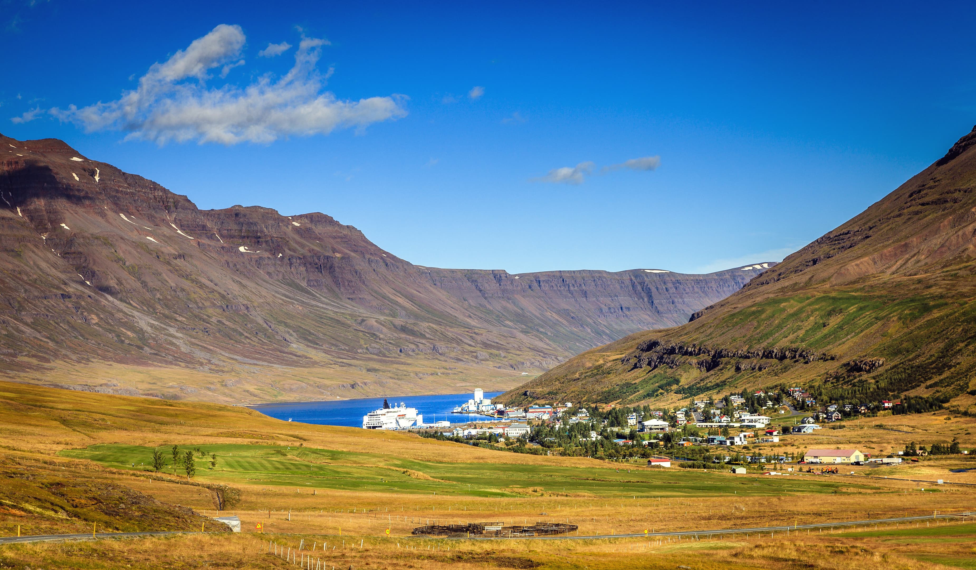 Scenic overlook of town of Seydisfjordur in Eastern Iceland and the fjord