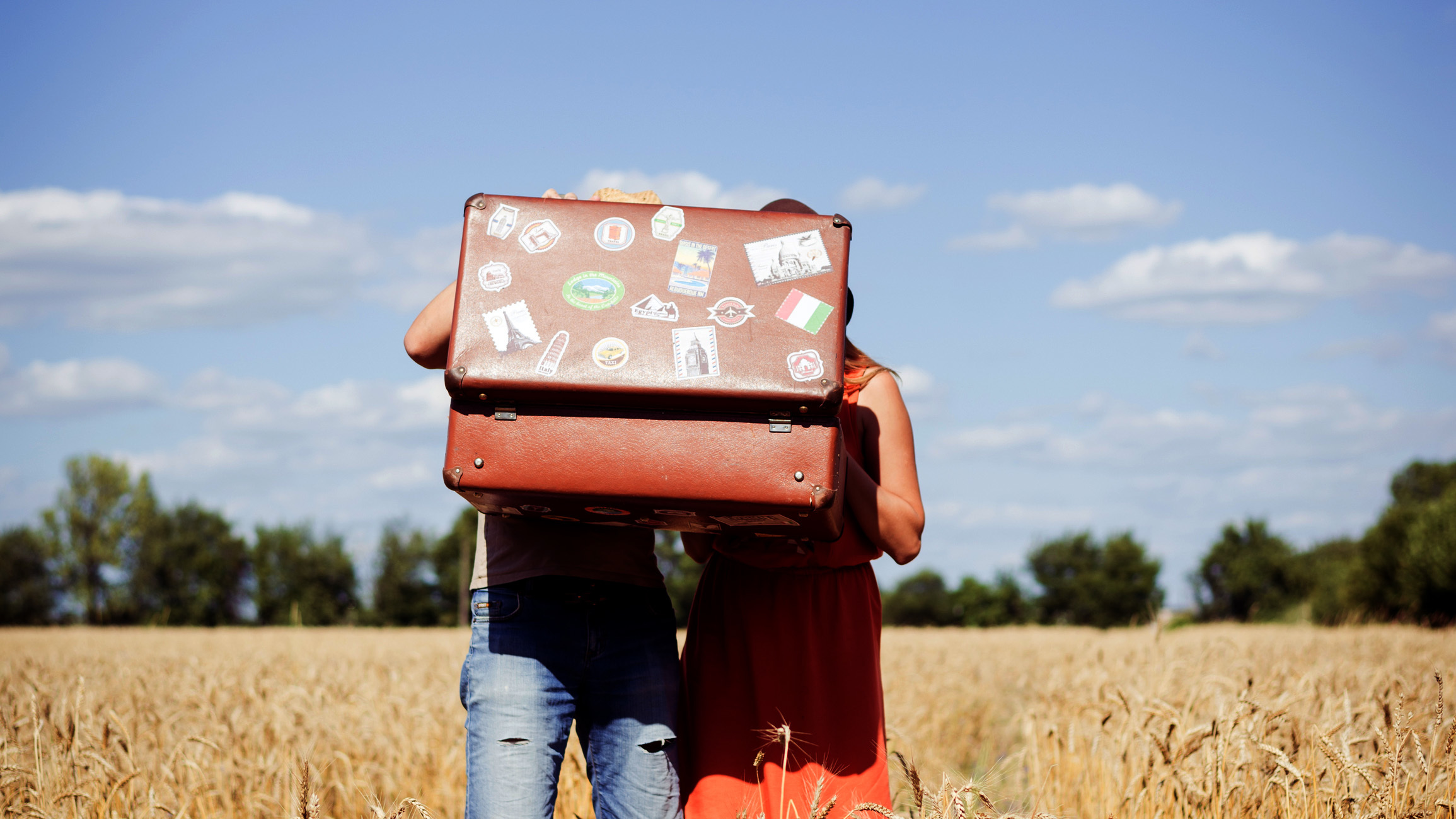 Couple holding suitcase in field on a sunny day