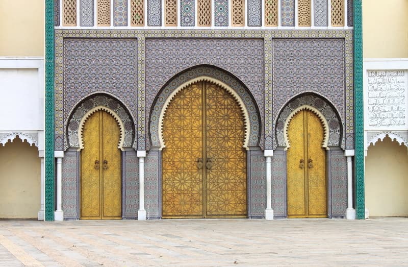 A view of the colorful doors of the Royal Palace in Fes, Morocco