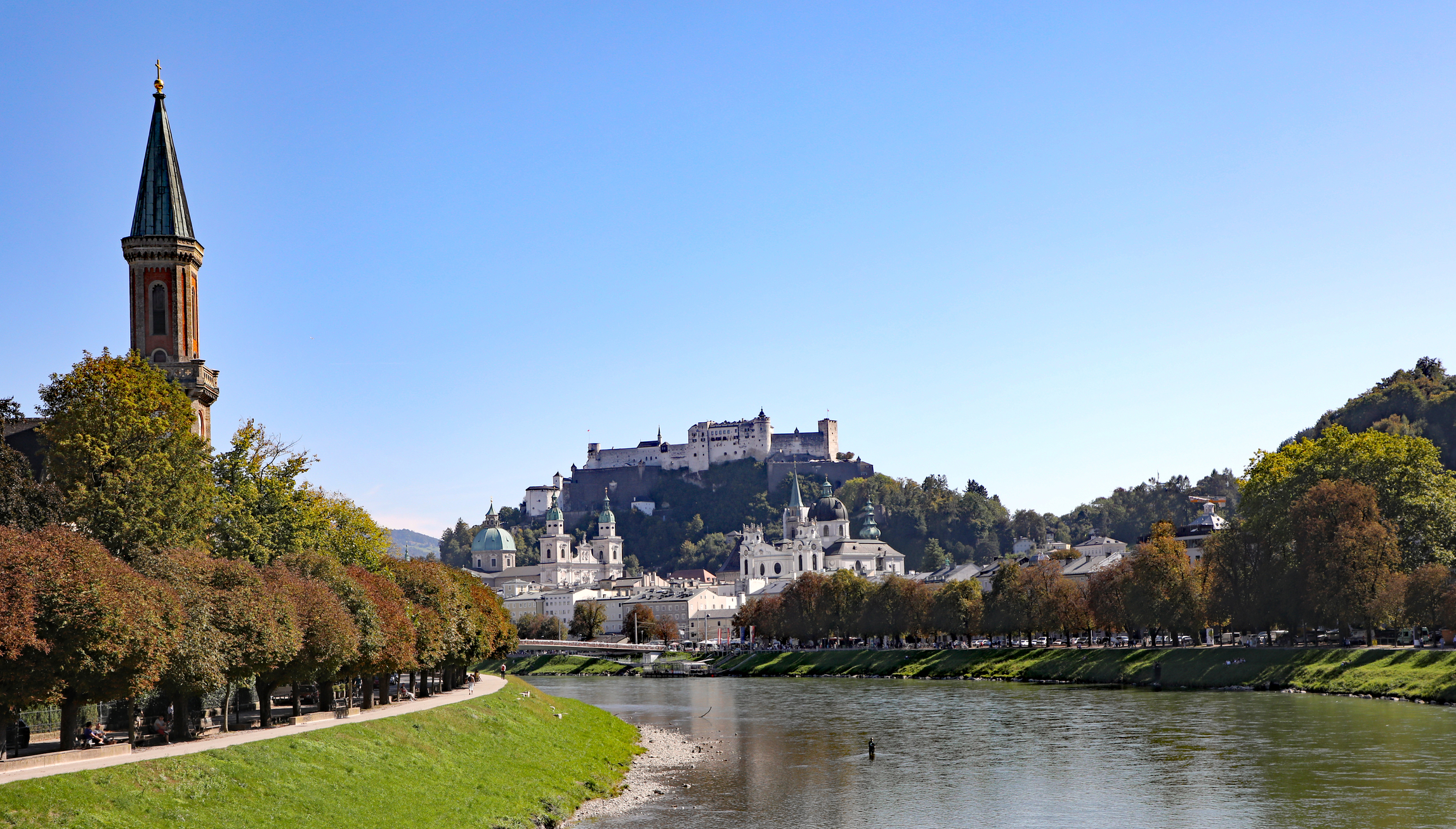 A panoramic view of Salzburg, Austria, including the river.