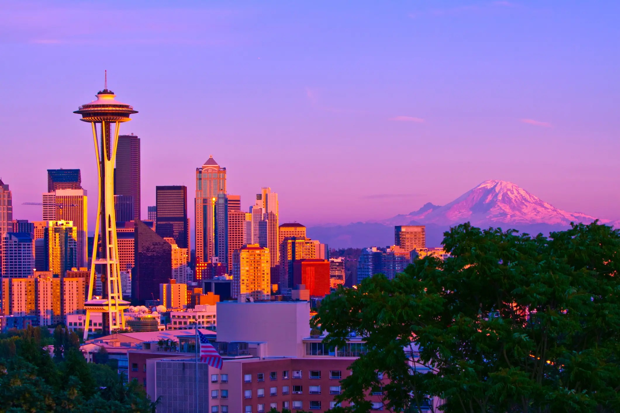 A view of the Seattle skyline at sunset